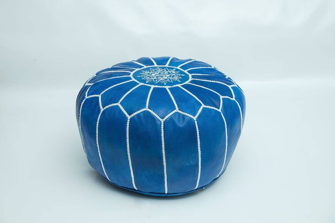 Moroccan leather pouf, Moroccan ottoman pouf, blue Moroccan pouf, Moroccan vintage, leather pouf
