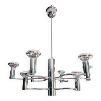 9-point chrome metal chandelier, Gaetano Sciolari design, 70s
