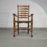 Set of 4 oak, rustic, farmhouse, ladderback dining chairs with rush seats 1960s