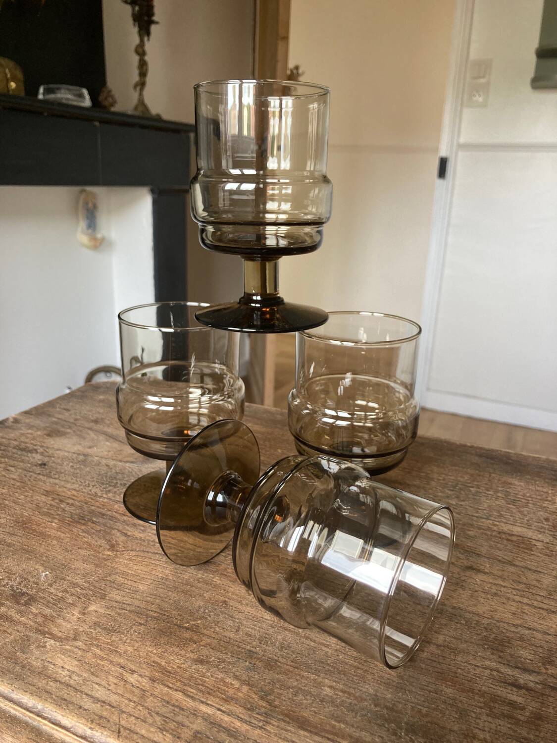 4 vintage smoked glass glasses