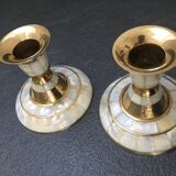 Set of 2 mother-of-pearl candlesticks and brass