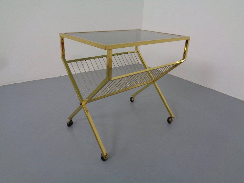 French brass and glass cart with magazine rack, 1960s