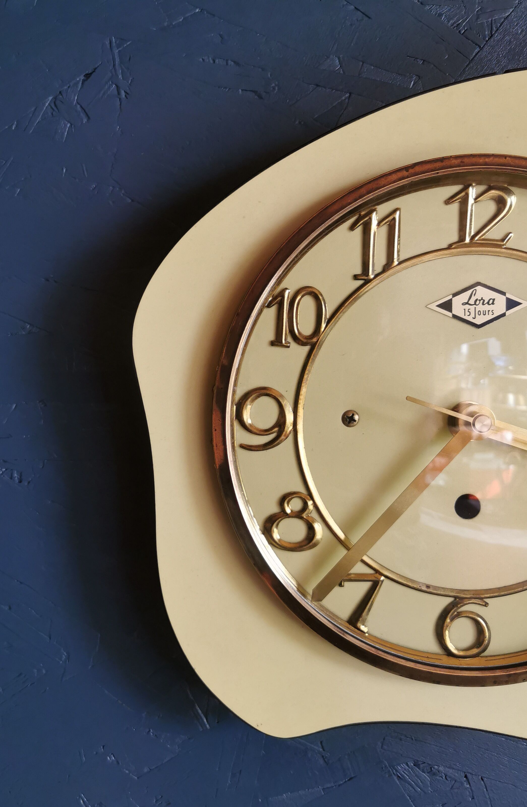 Vintage Formica clock silent asymmetrical wall pendulum "Yellow Lora"