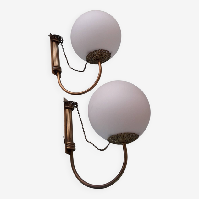 Pair of metal and opaline wall lights