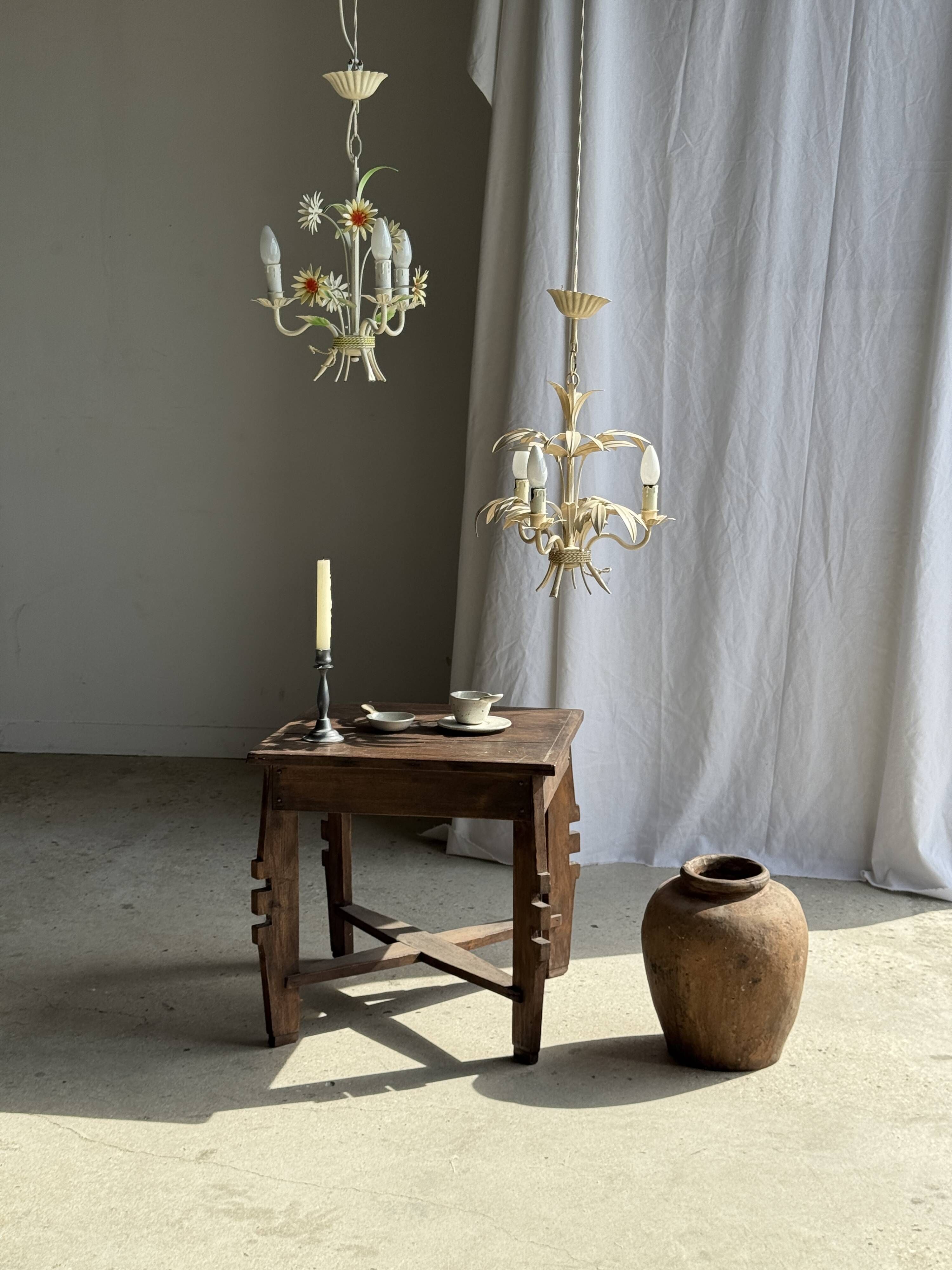 Small vintage cream metal flower chandelier with orange flowers and 3 arms.