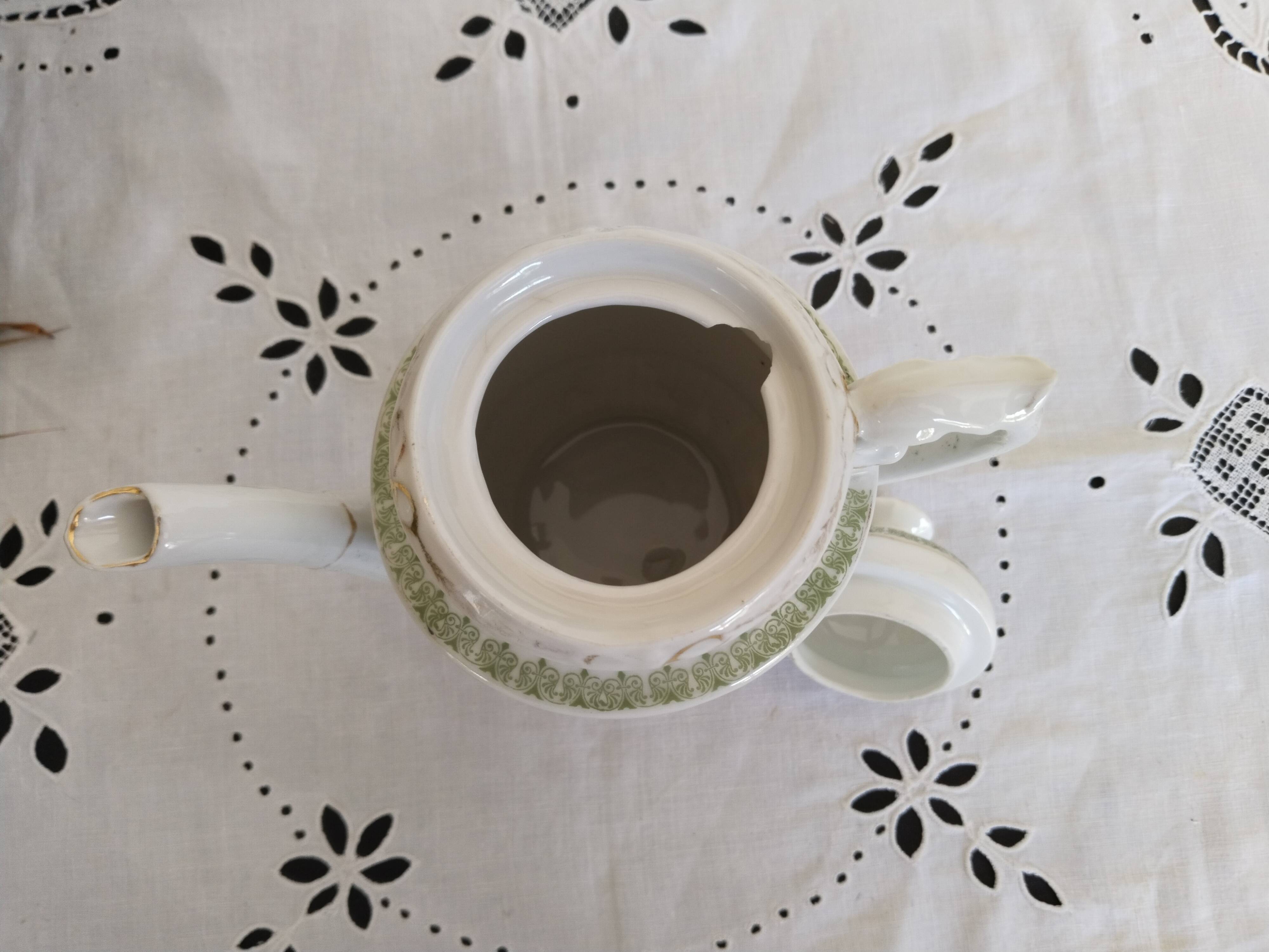 English porcelain coffee maker, green and gold, antique, vintage