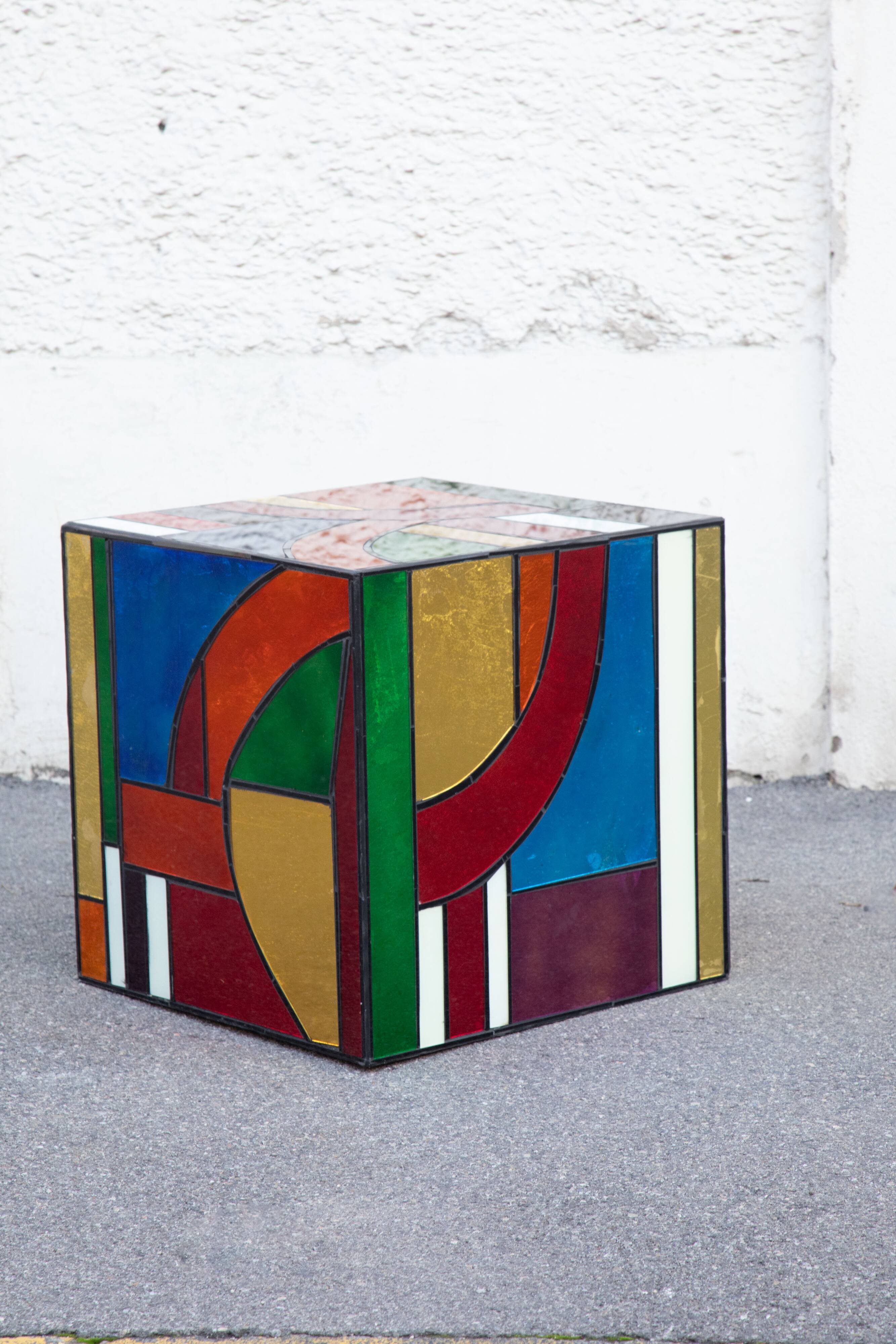 Multicolored stained glass Cube side table 50*50