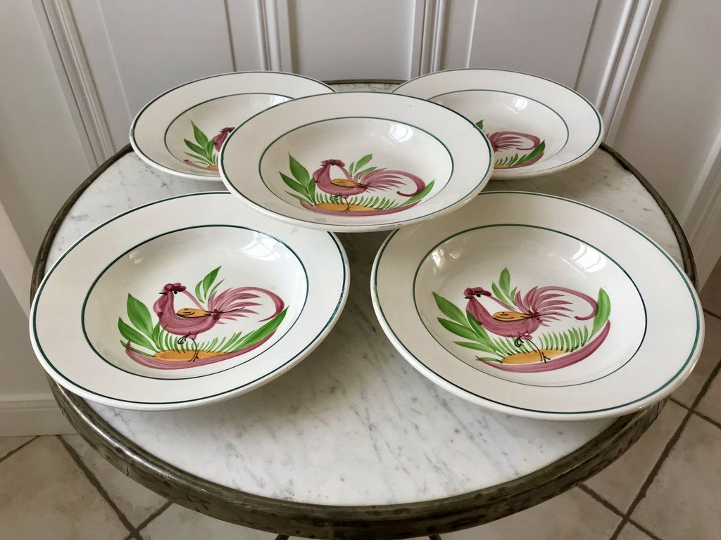 Lot of 5 hollow plates digoin sarreguemines model "rooster" years 40-50