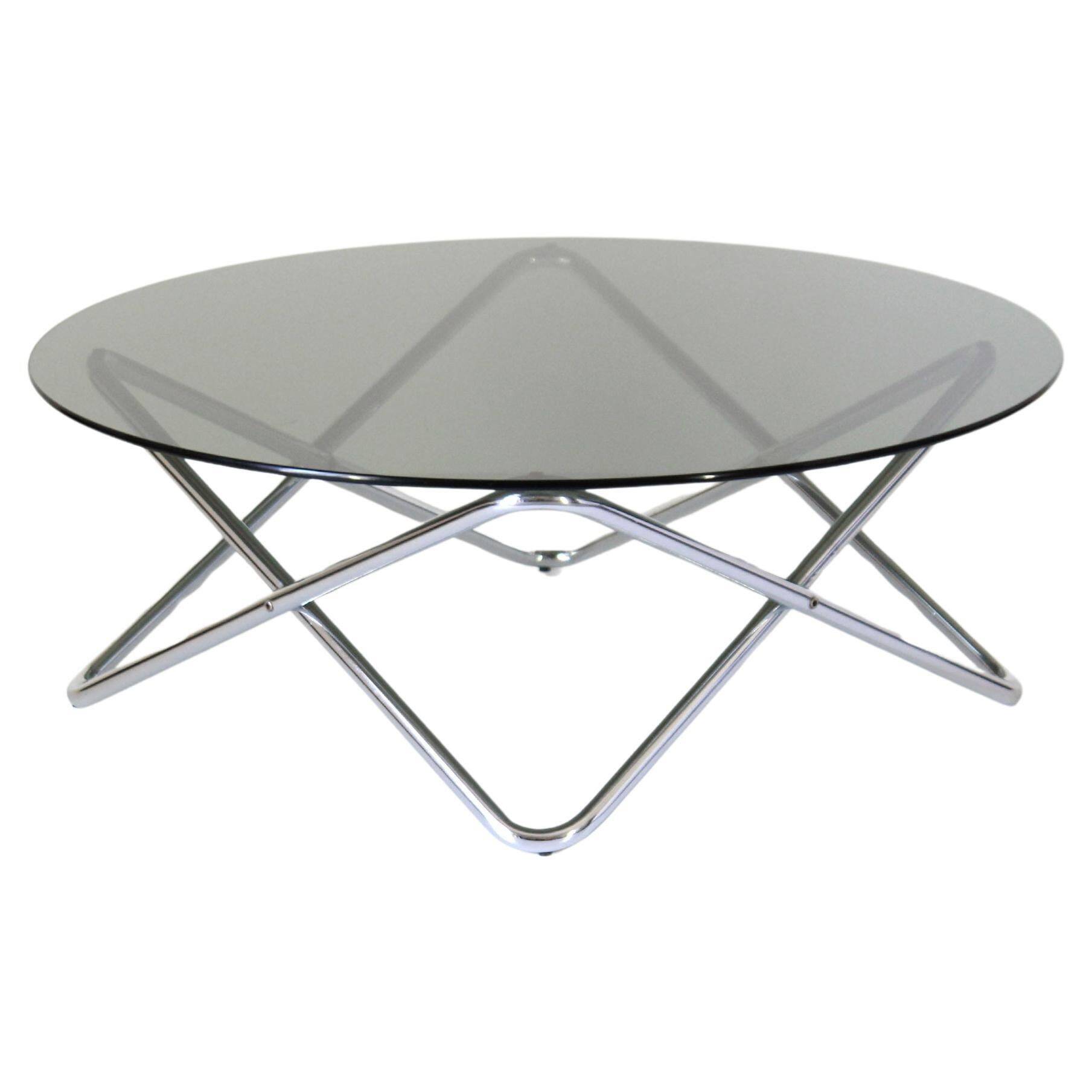 1970s vintage smoked glass and chromed round coffee table