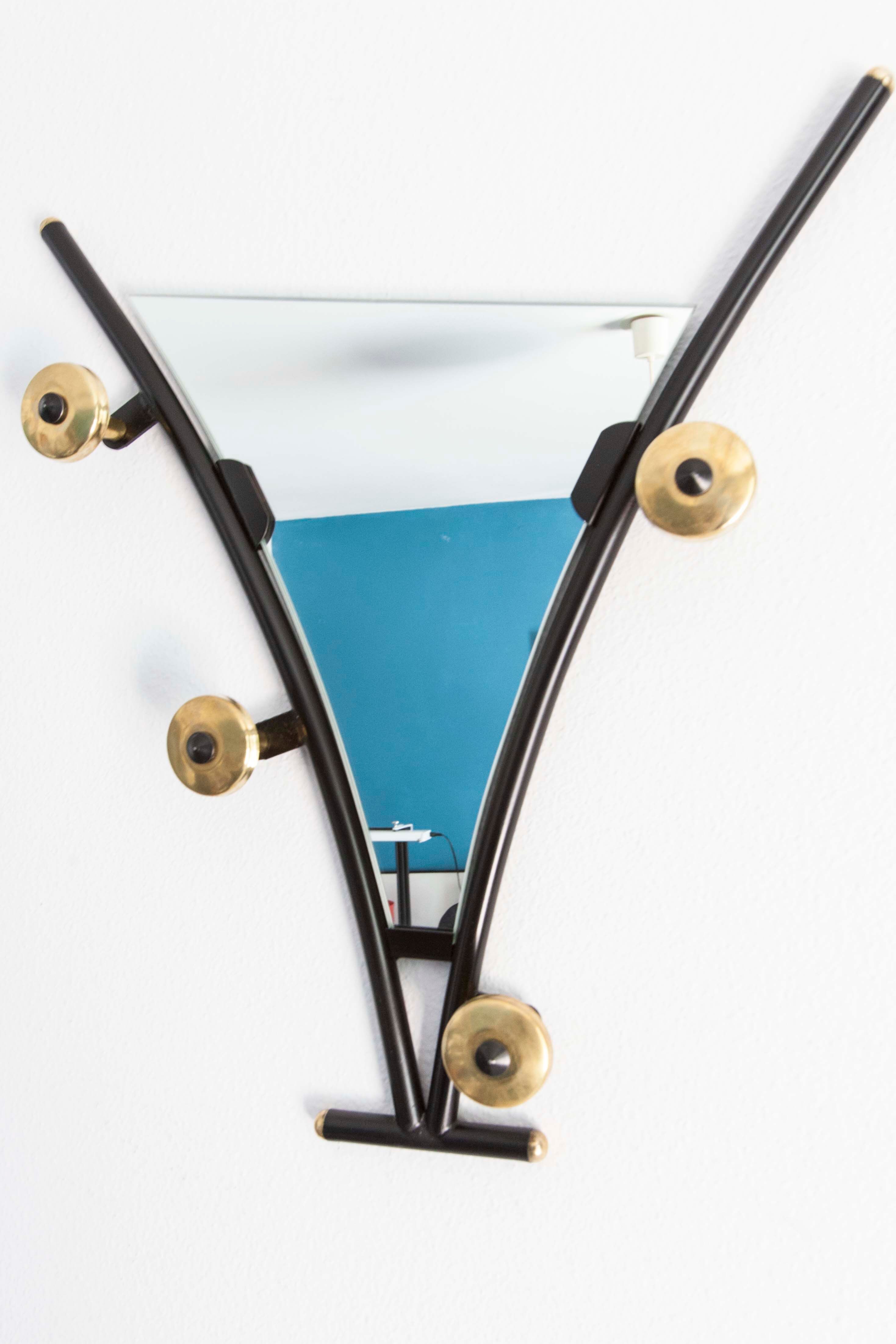 Porte manteau mural 4 patères en laiton avec miroir années 60 restauré