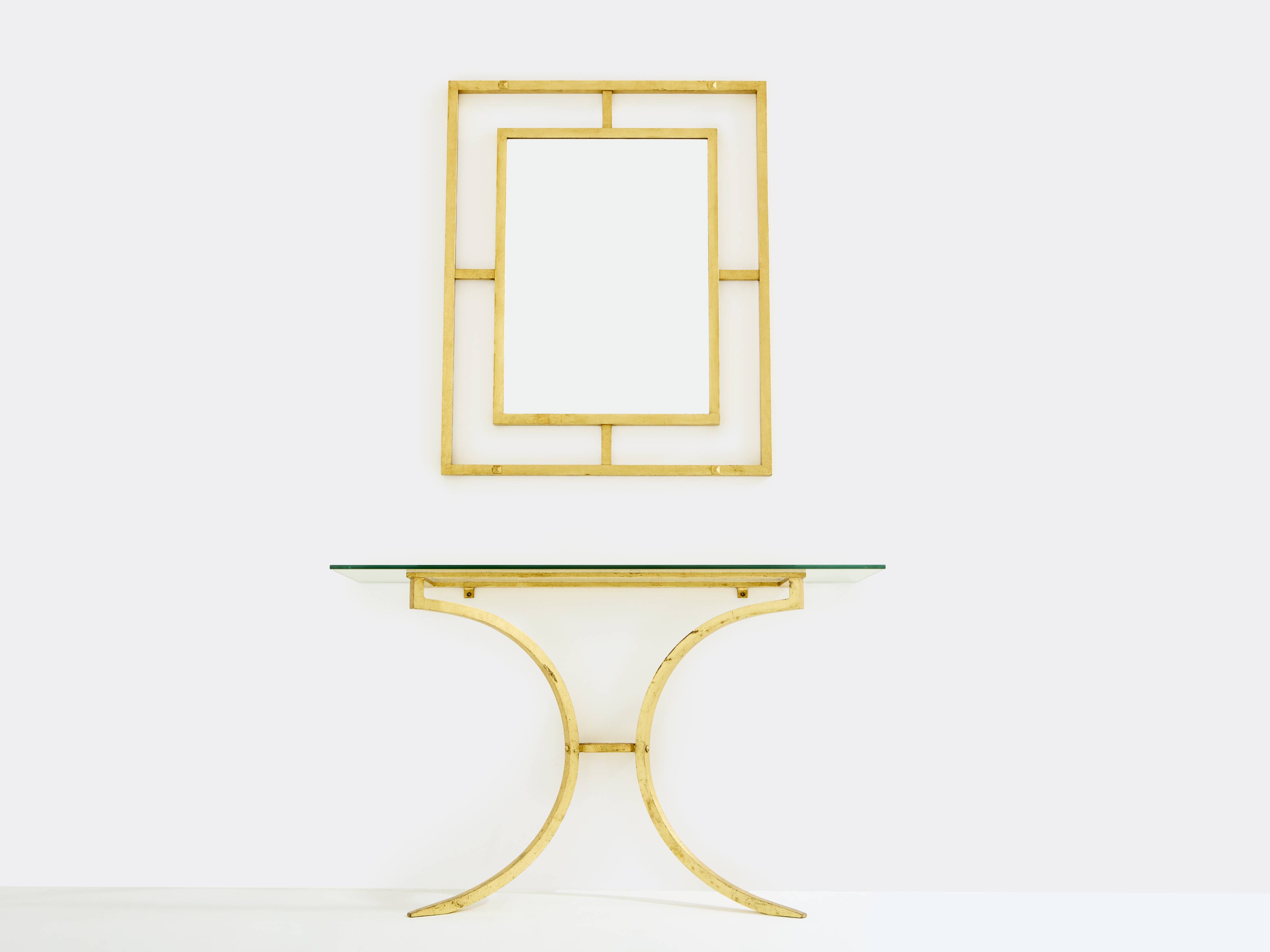 Console et miroir en fer forgé dorée de Robert Thibier années 60