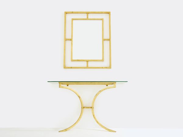 Console et miroir en fer forgé dorée de Robert Thibier années 60