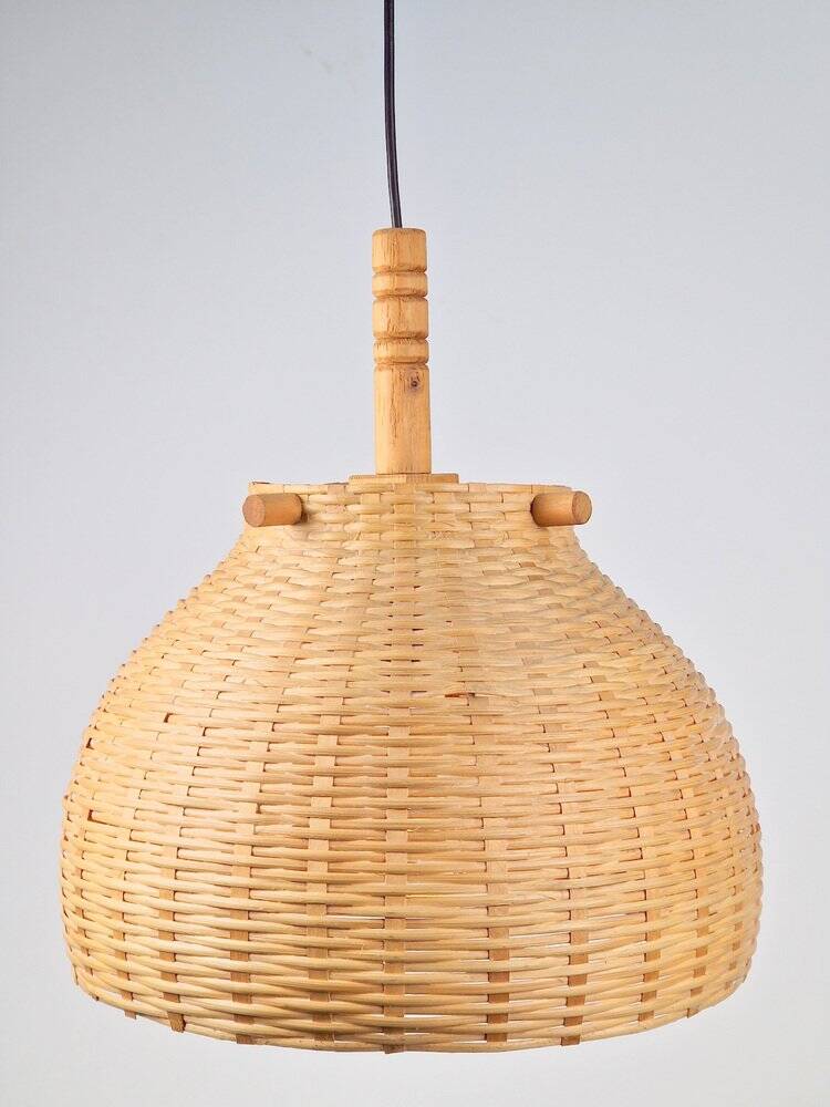 Scandinavian Wicker Rattan and Pine Pendant Lamp, 1960s