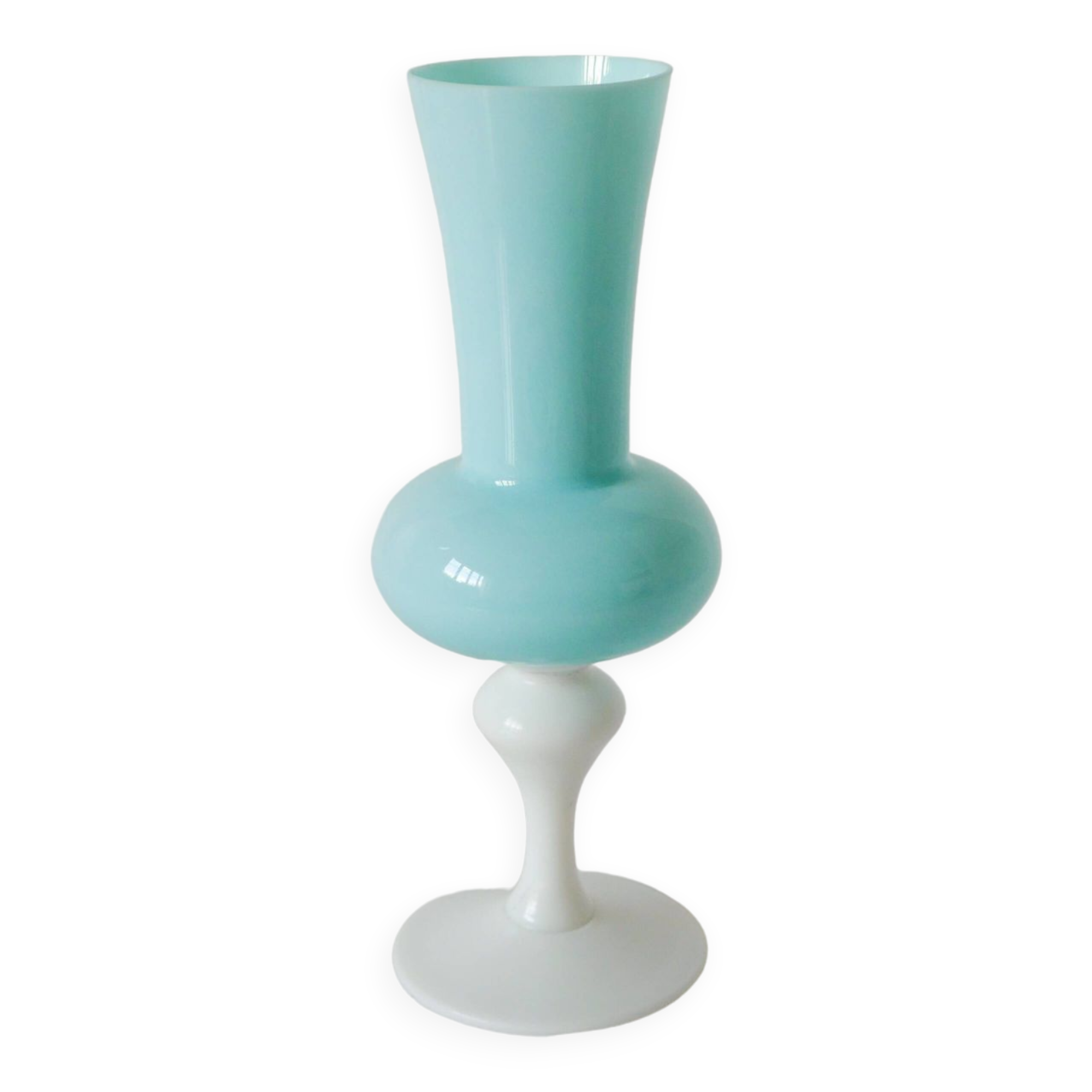 sky blue opaline vase and white feet 1970