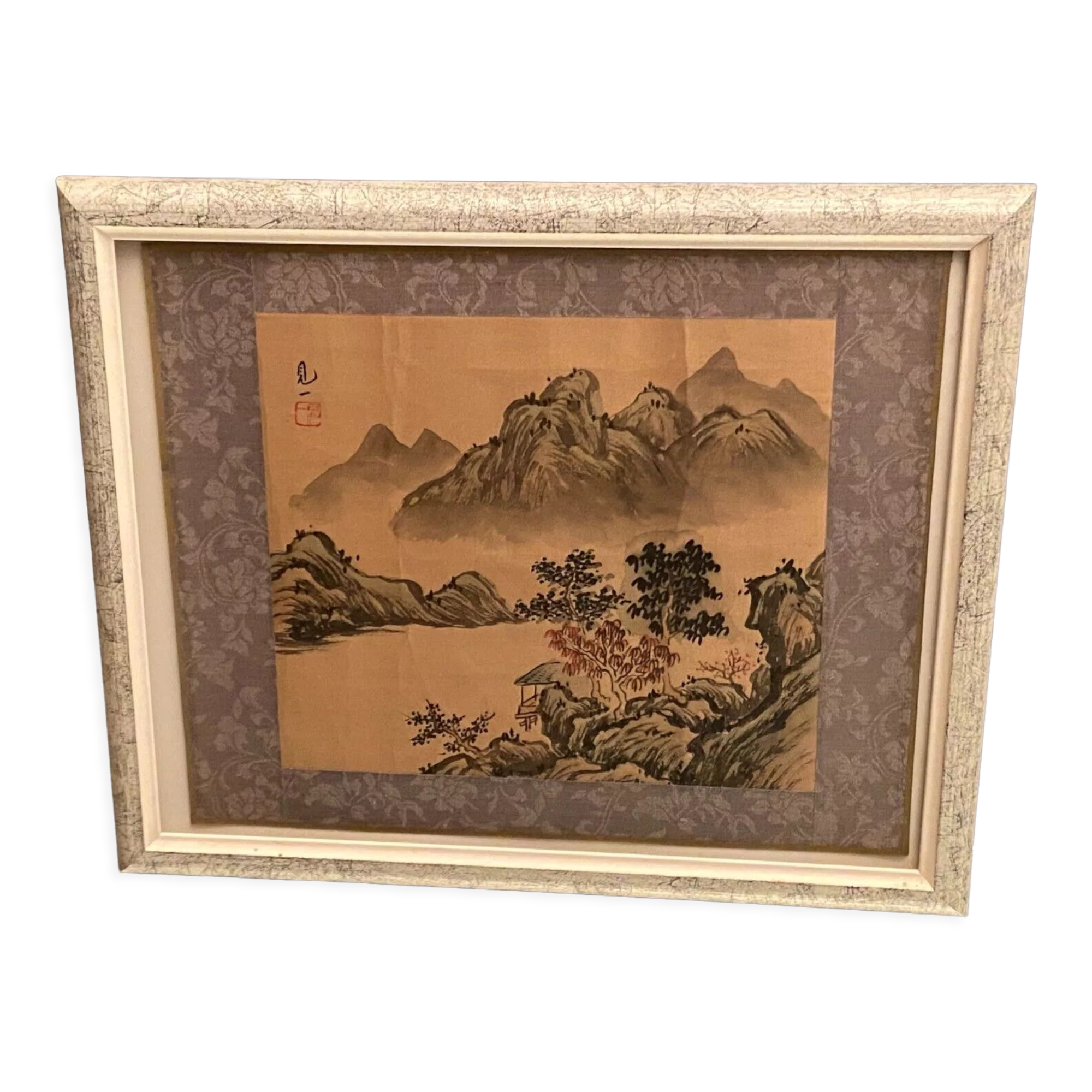 India ink drawing with red markings depicting a mountain landscape