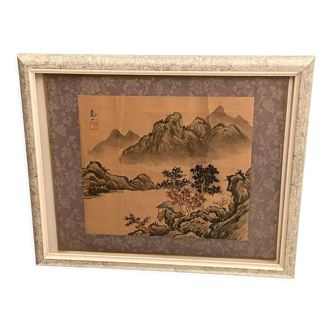 India ink drawing with red markings depicting a mountain landscape