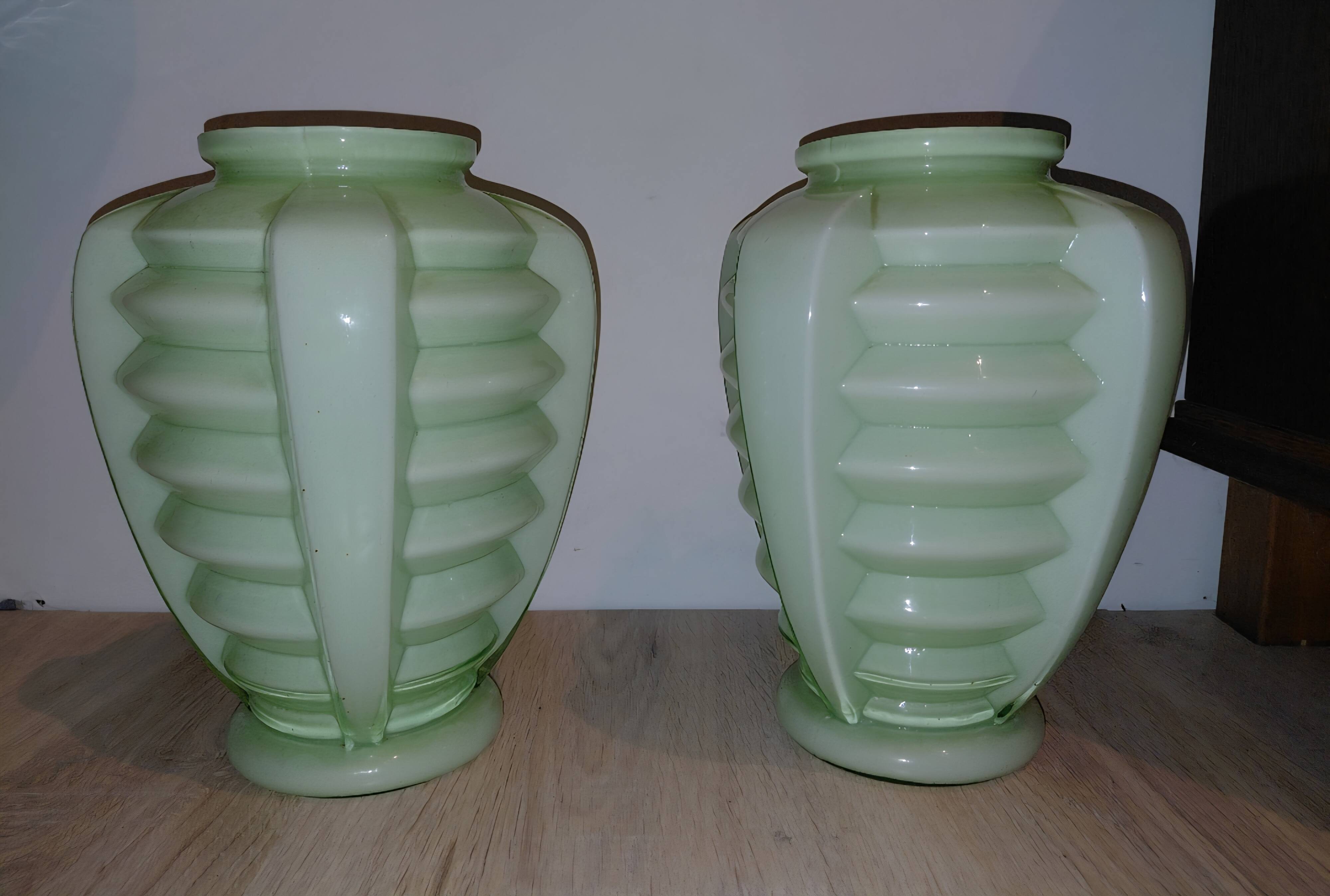 Set of two Art Deco uranium opaline skyscraper vases.