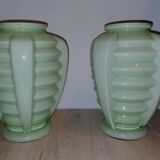 Set of two Art Deco uranium opaline skyscraper vases.