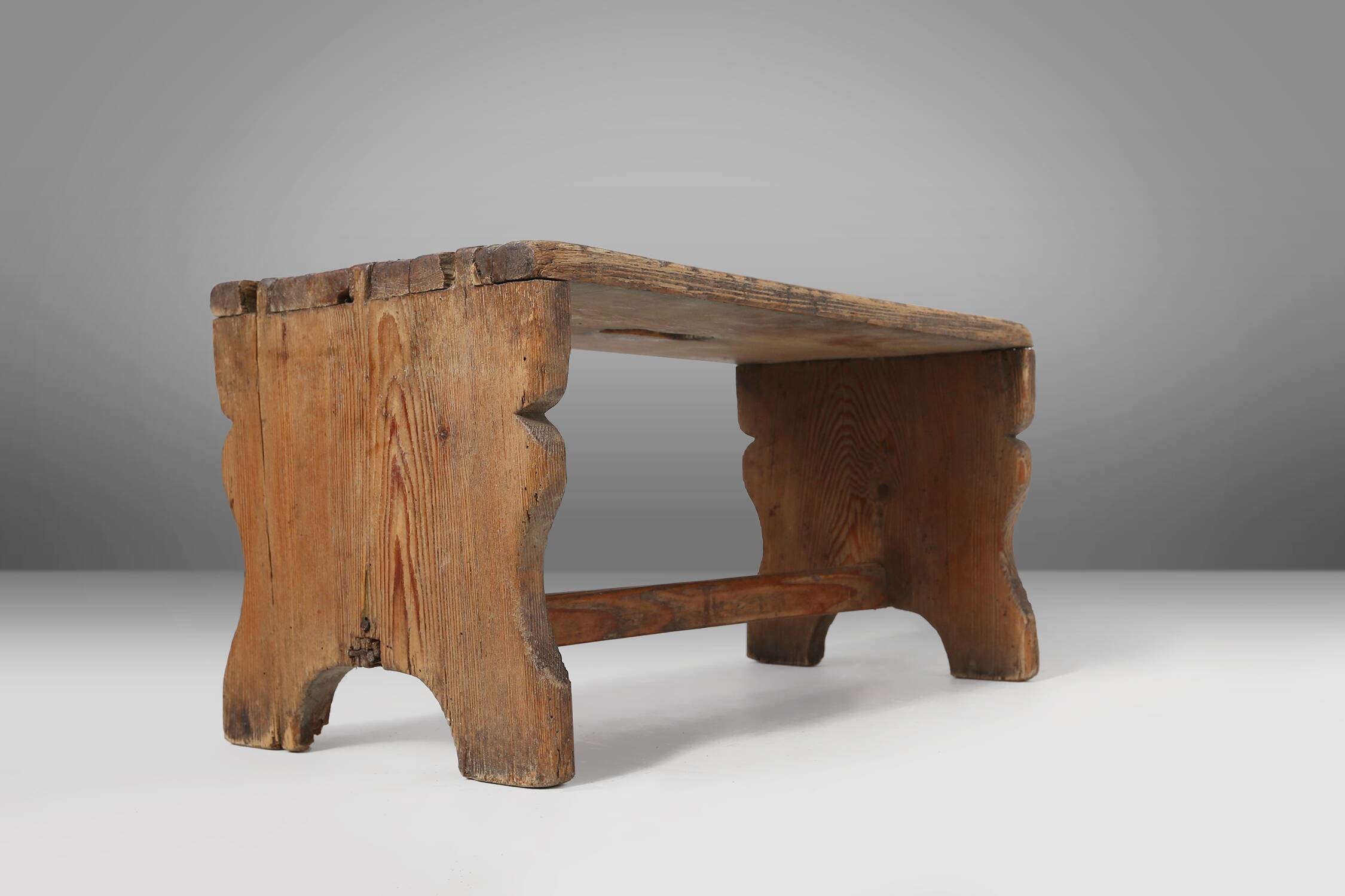 Rustic French wooden stool with beautiful patina, ca. 1900