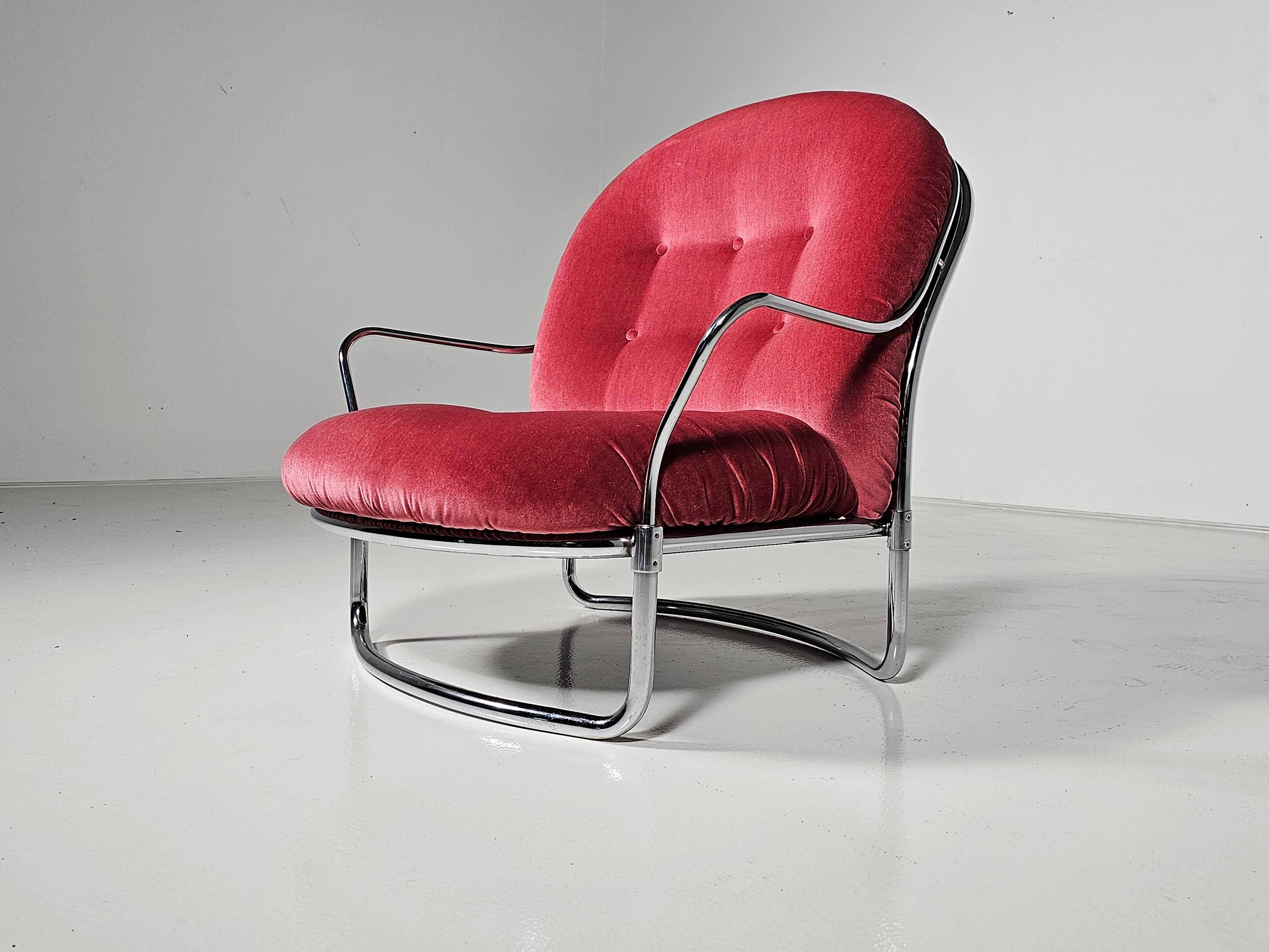 Pink velvet and chrome chaise longue Carlo de Carli for Cinova