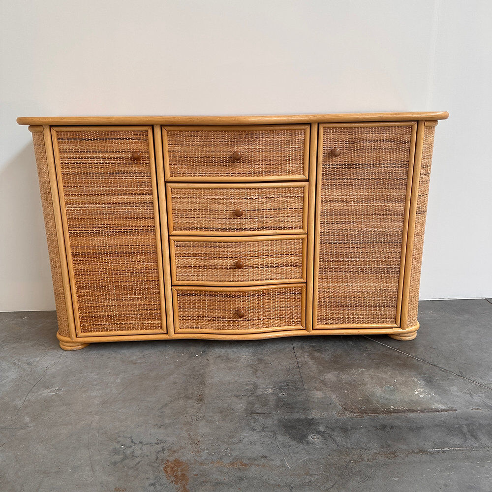 Vintage curved rattan sideboard, coastal credenza, wicker cabinet, boho buffet