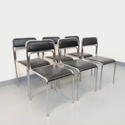 Set of 6 vintage Italian stackable chairs in chrome metal and skai.
