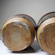 A pair of vintage stoneware pots from the 80s-90s with a Japanese style, signed handmade pottery.