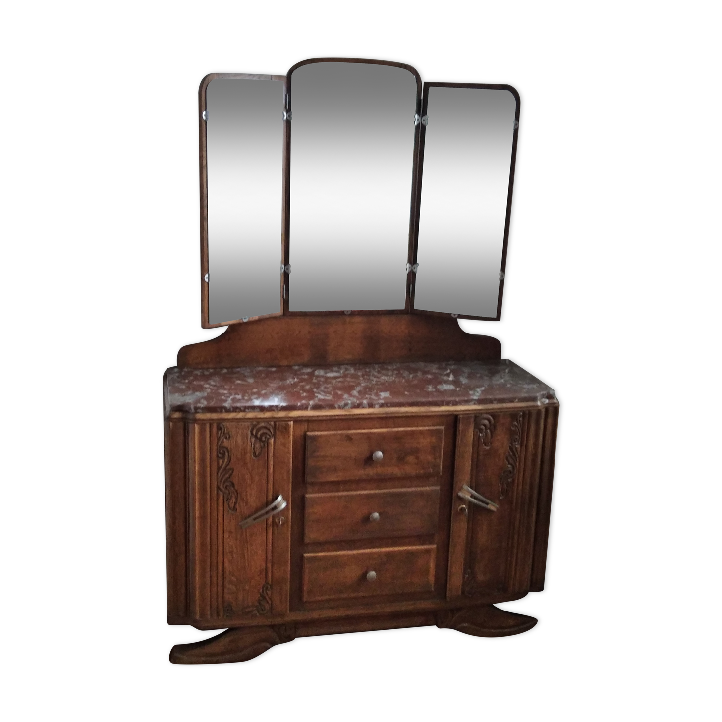 Solid wood dresser with triptych mirror and marble top