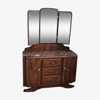 Commode en bois massif avec miroir triptyque et dessus en marbre