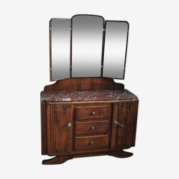 Solid wood dresser with triptych mirror and marble top