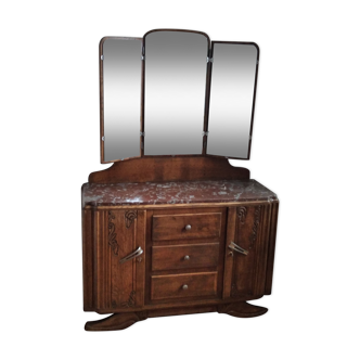Solid wood dresser with triptych mirror and marble top