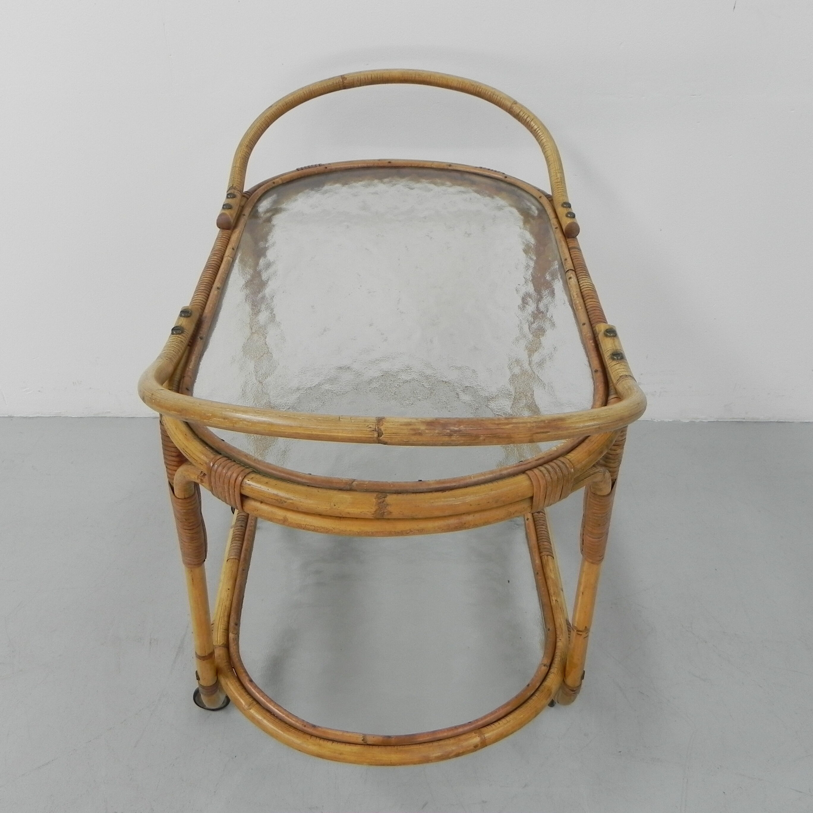 Bamboo, rattan serving trolley on castors