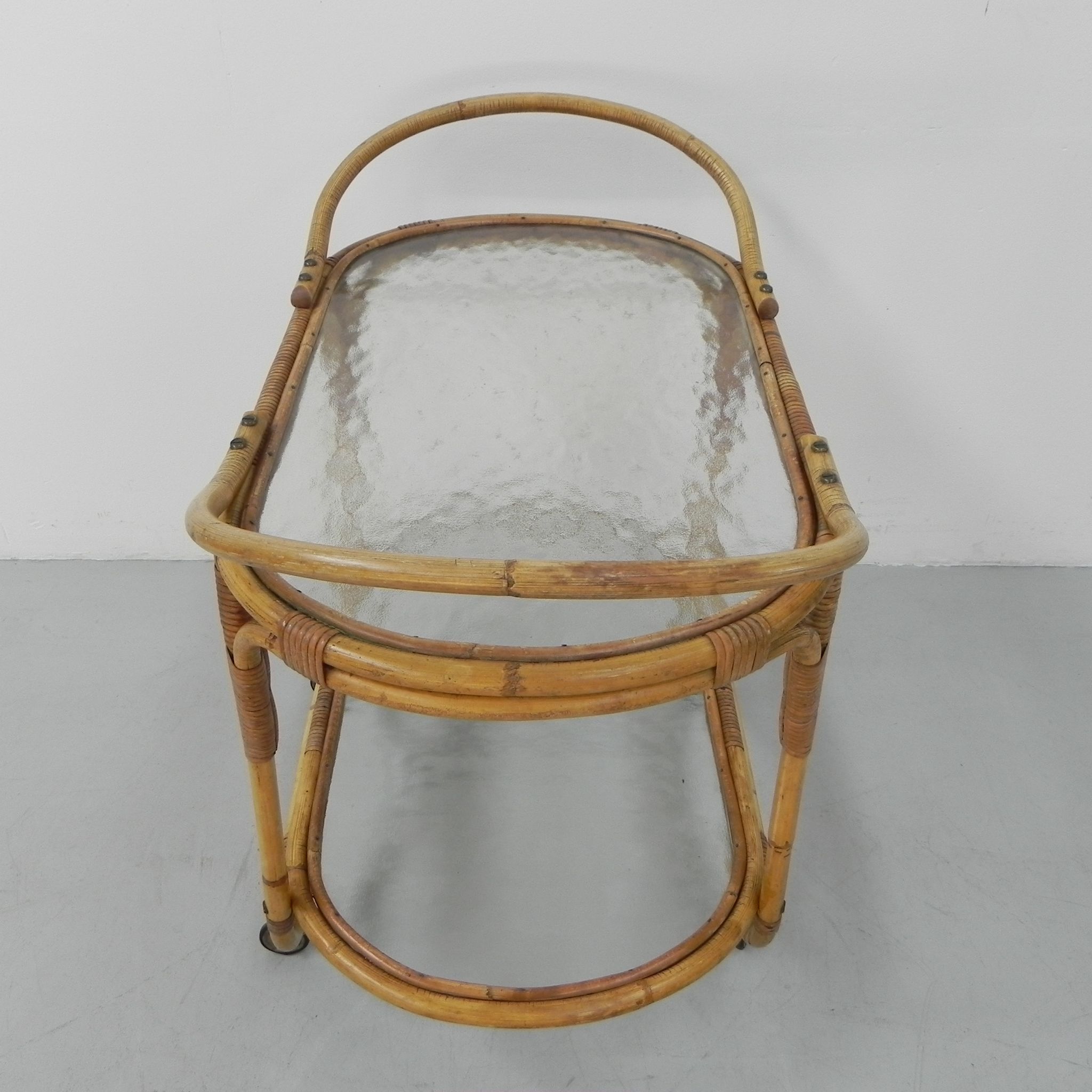 Bamboo, rattan serving trolley on castors