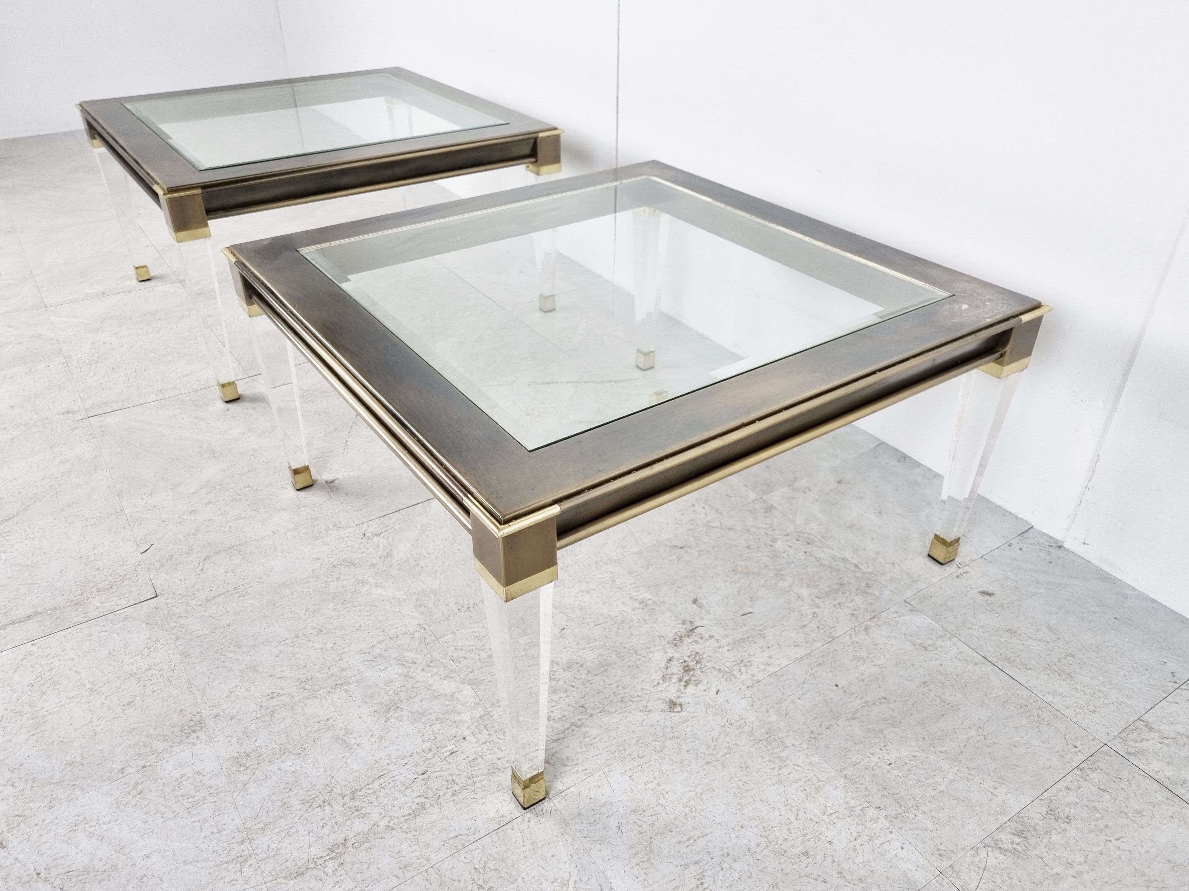 Vintage lucite and brass side tables, 1980s