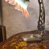 old art nouveau bronze lamp 30x25 with opalescent tulip red interior very rare