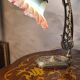 old art nouveau bronze lamp 30x25 with opalescent tulip red interior very rare