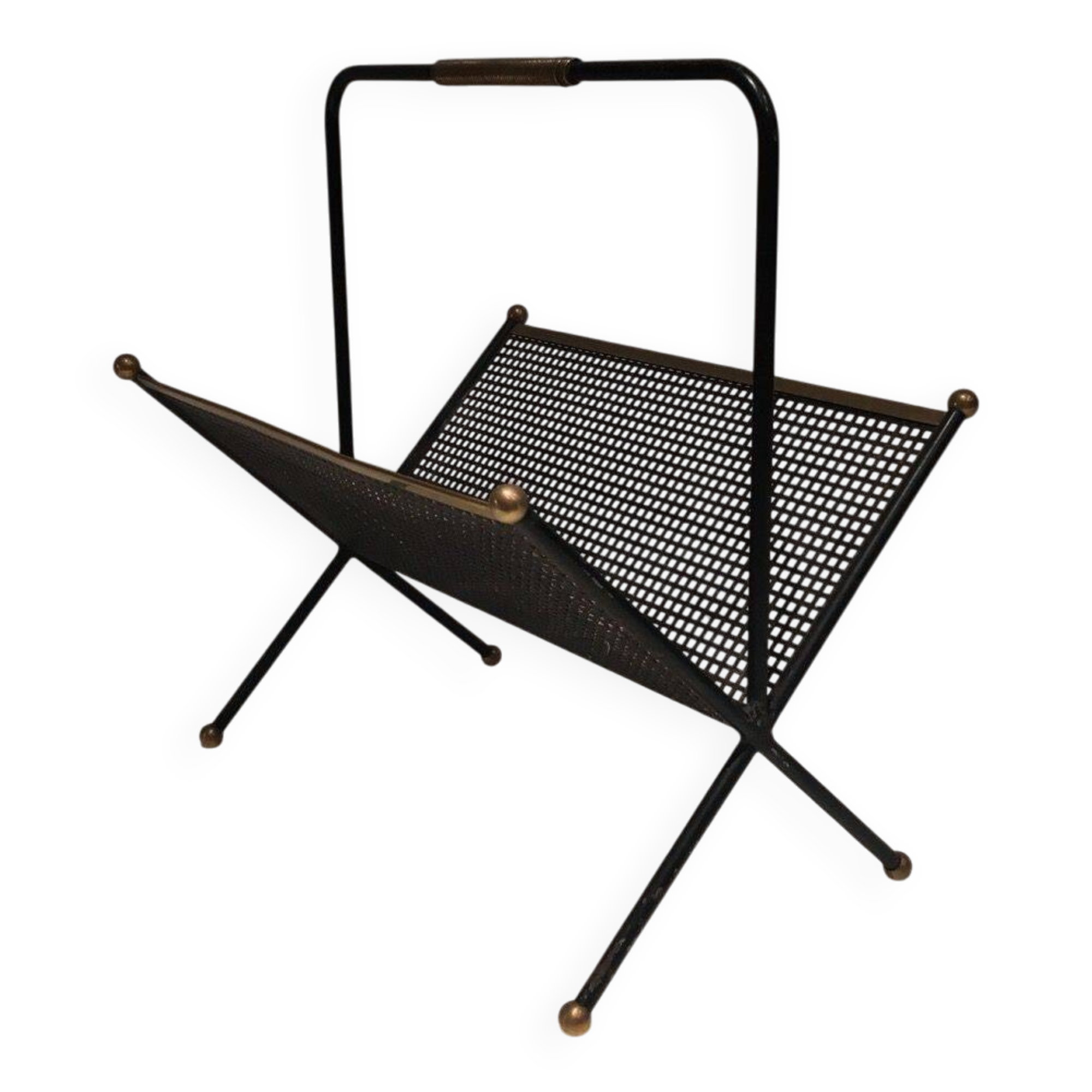 Black lacquered metal design magazine rack, perforated sheet and brass