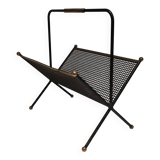 Black lacquered metal design magazine rack, perforated sheet and brass