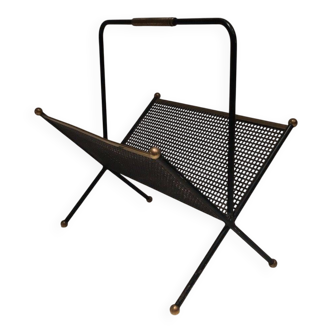 Black lacquered metal design magazine rack, perforated sheet and brass