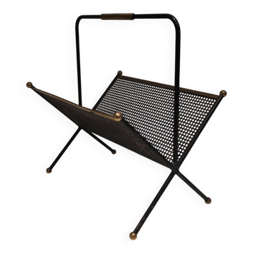 Black lacquered metal design magazine rack, perforated sheet and brass