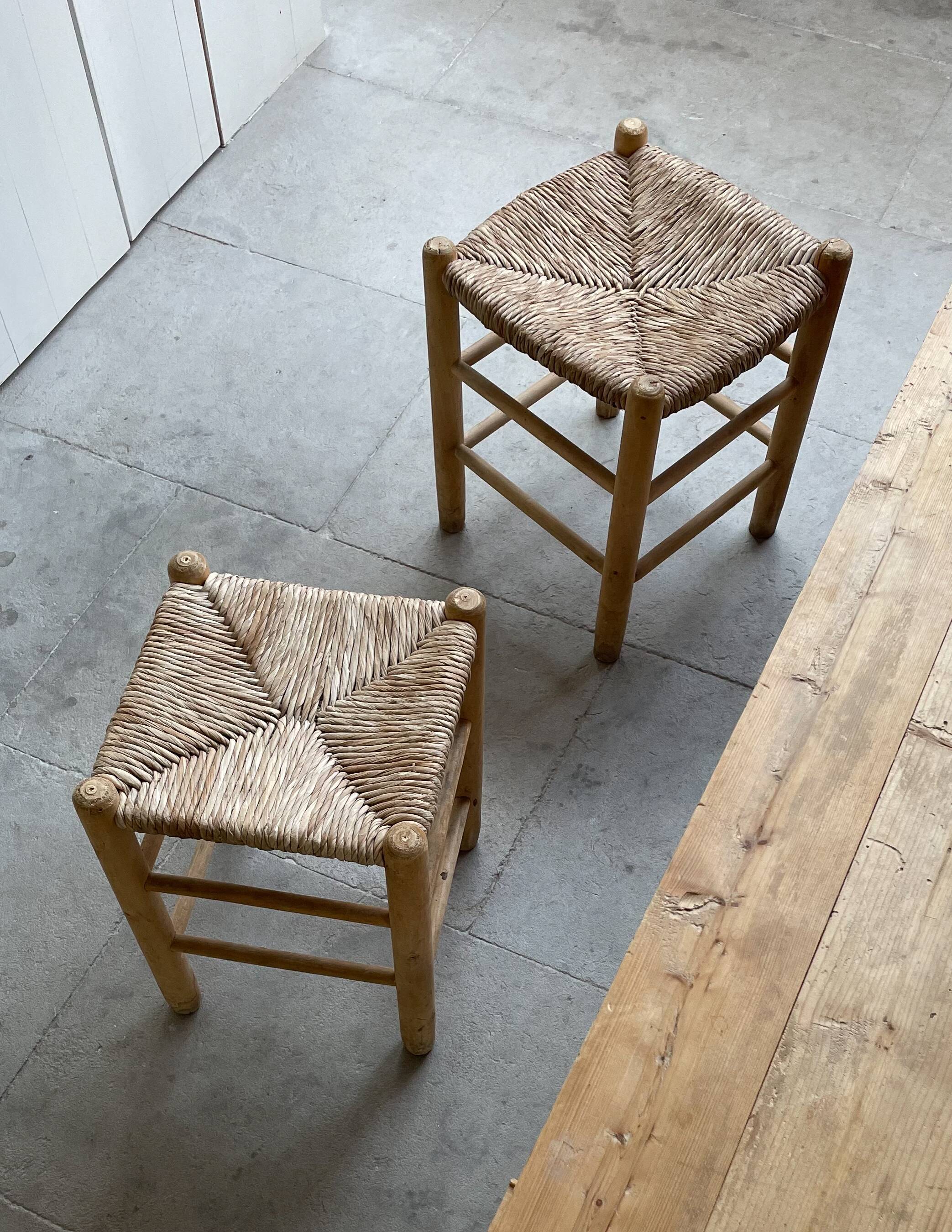 Pair of French Mid Century Wooden Straw Stools, 1960s