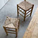 Pair of French Mid Century Wooden Straw Stools, 1960s