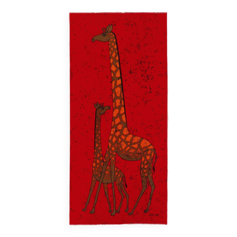 Huge genuine retro 1950s red fabric wall hanging of a giraffe and calf