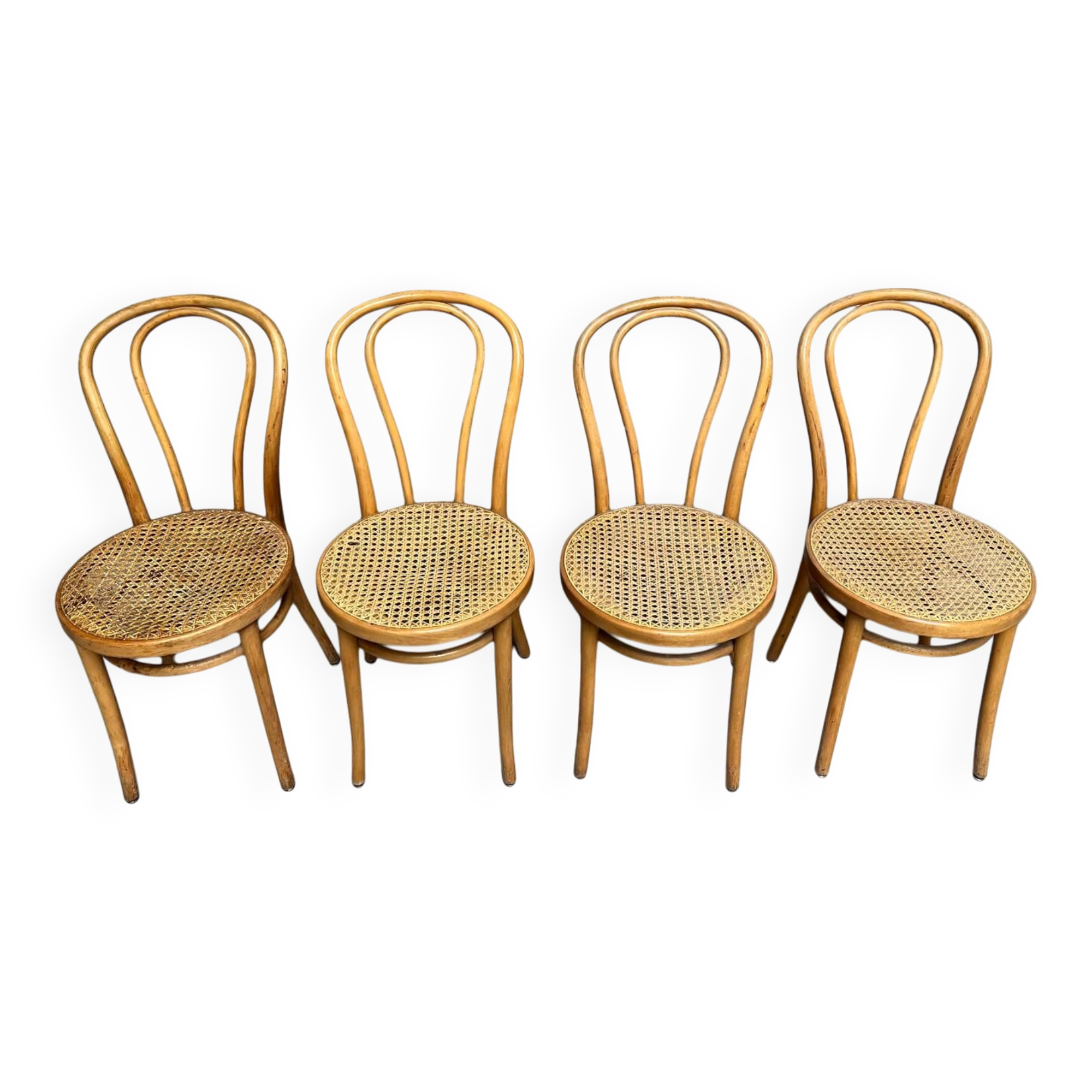 Set of 4 vintage bistro chairs in curved wood and cane seats 1950 1960