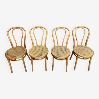 Set of 4 vintage bistro chairs in curved wood and cane seats 1950 1960