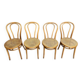 Set of 4 vintage bistro chairs in curved wood and cane seats 1950 1960