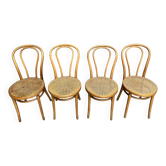 Lot de 4 chaises de bistrot vintage en bois courbe et assise cannes 1950 1960