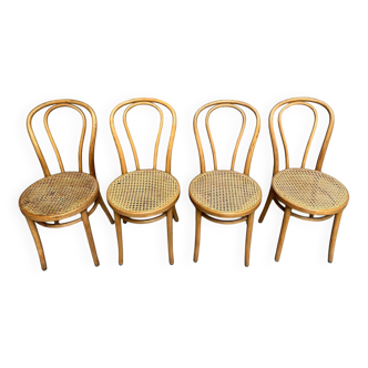 Set of 4 vintage bistro chairs in curved wood and cane seats 1950 1960