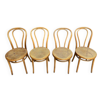 Lot de 4 chaises de bistrot vintage en bois courbe et assise cannes 1950 1960