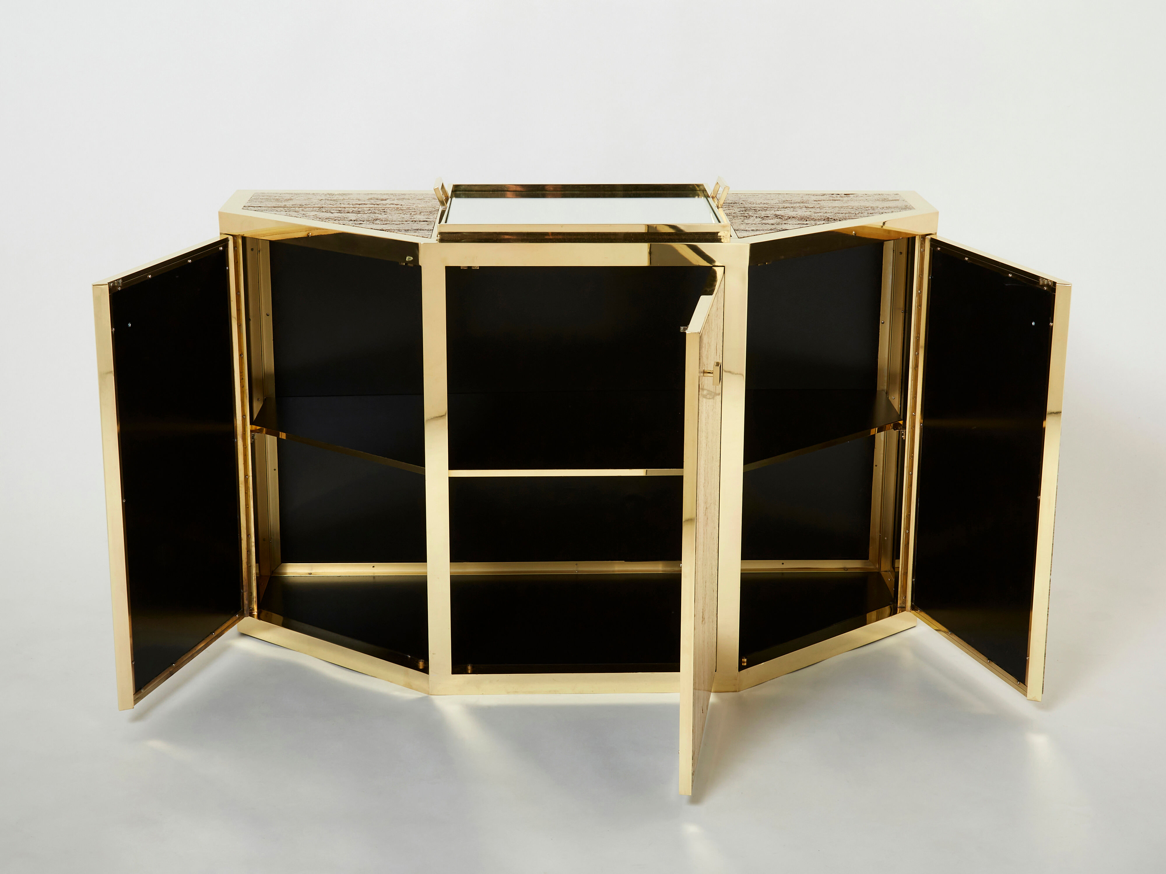 Pair of travertine brass cabinets by Alfredo Freda 1975